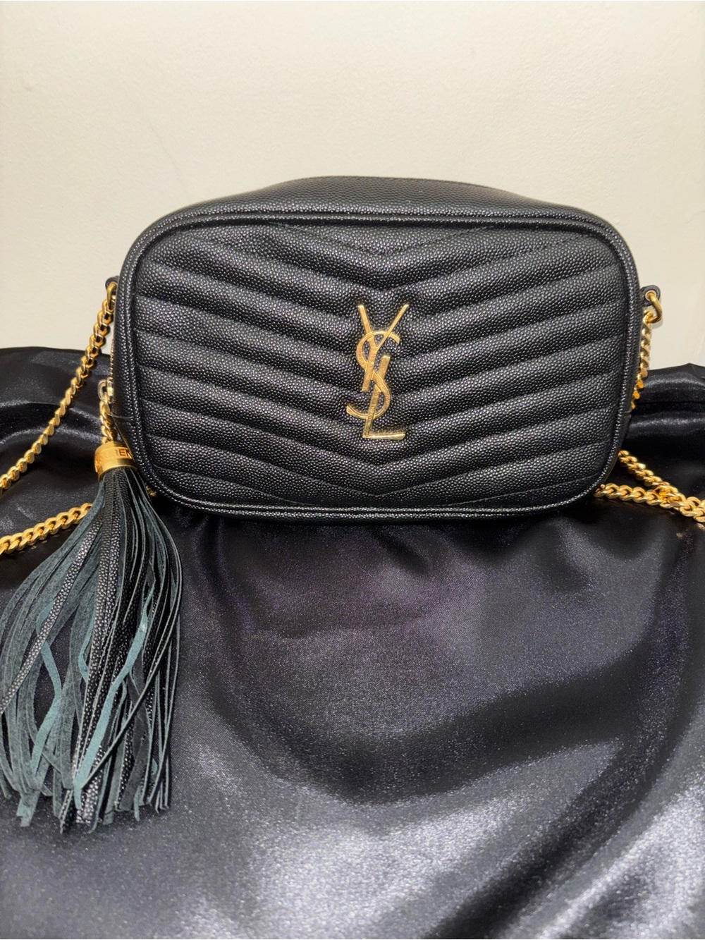 Yves Saint Laurent Black Quilted Leather Camera Bag with Tassel